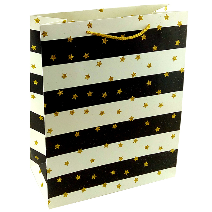 Пакет подарочный "Золотые звездочки на черно-белом" с глиттером