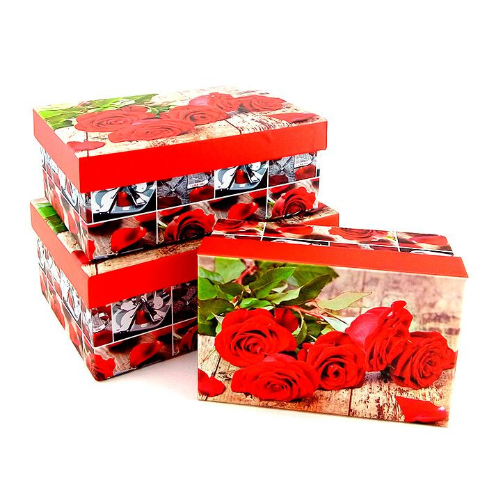 Набор коробок 3 в 1 "Красные розы" / прямоугольник